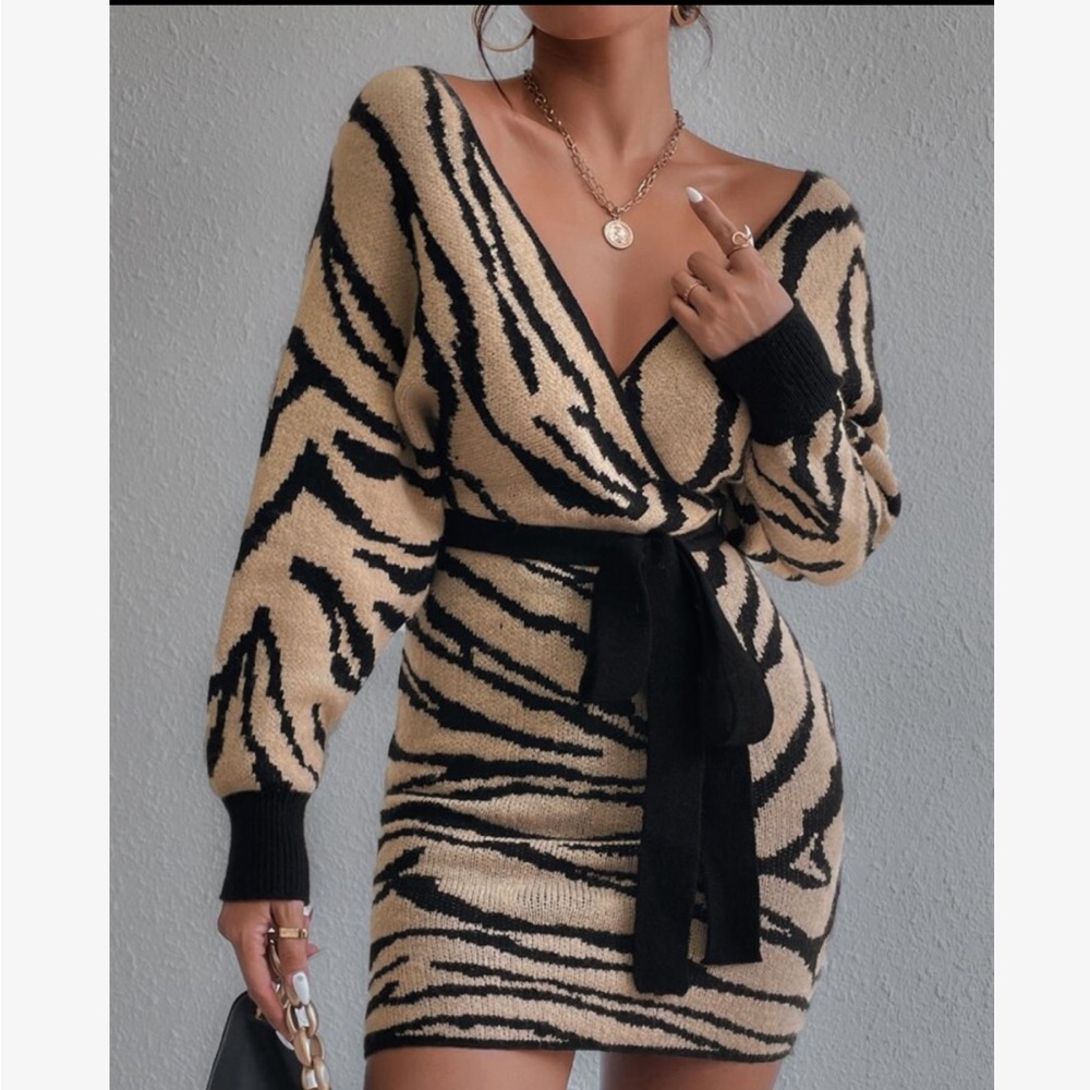 Cozy Off Shoulder Zebra Striped Pattern Batwing Sleeve Belted Sweater Dress - Picture 4 of 5